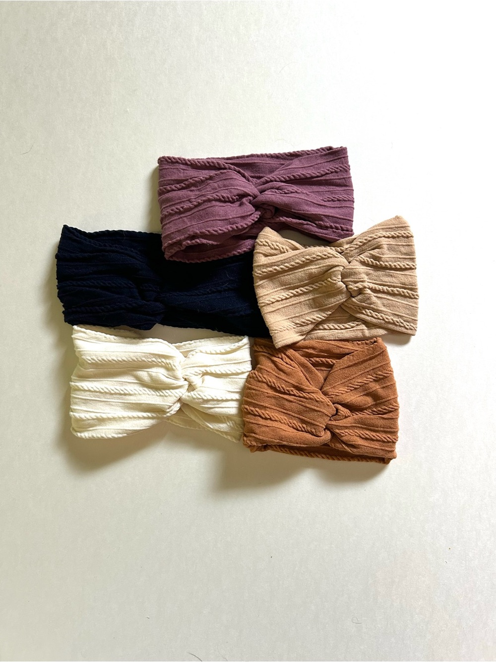 Set of 5 Knotted Ribbed Baby Headbands - Plum, Navy, Cream, Beige, Rust